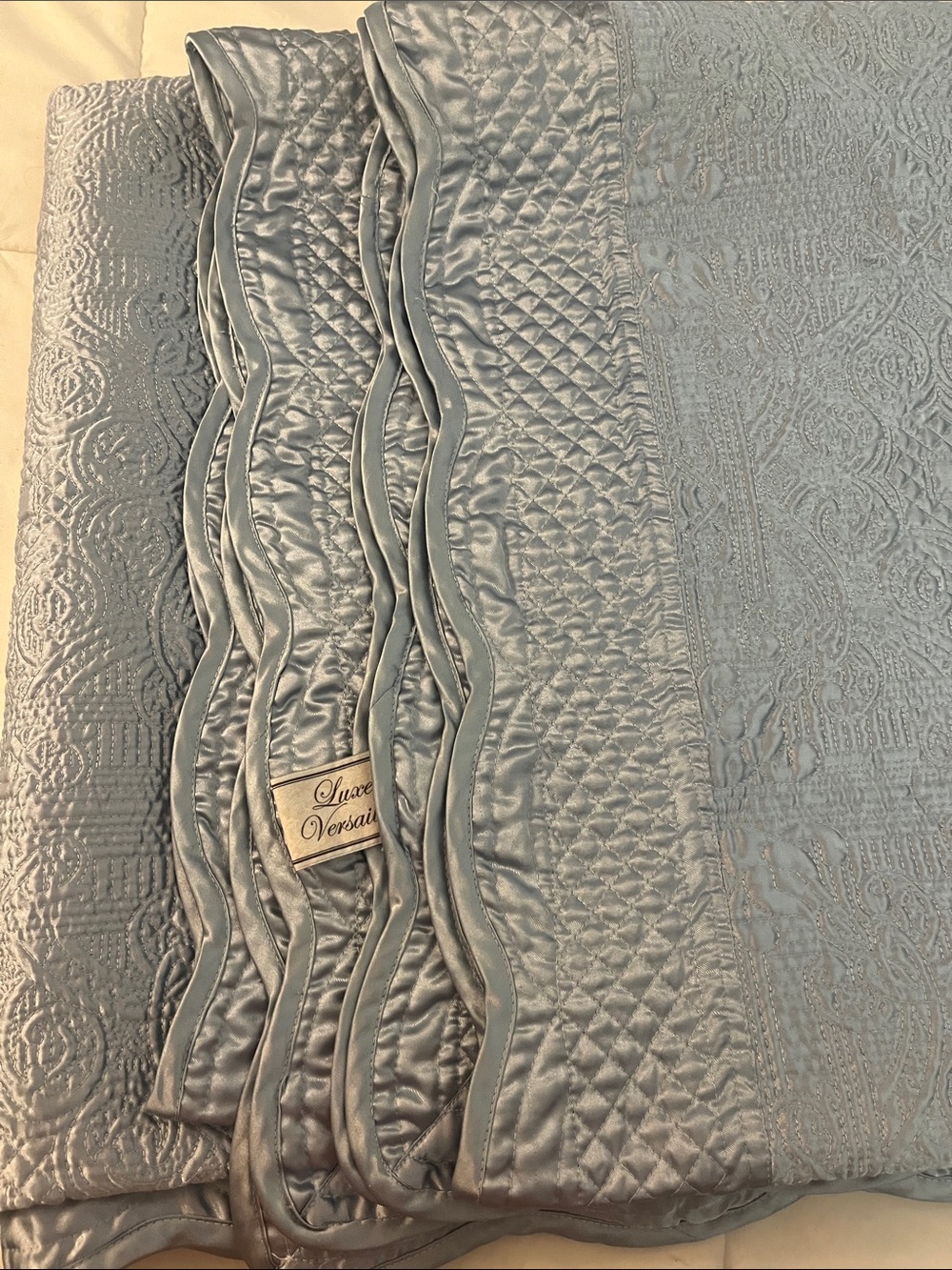 Luxe Versaille Quilted Satin Bedspread in Pale Blue